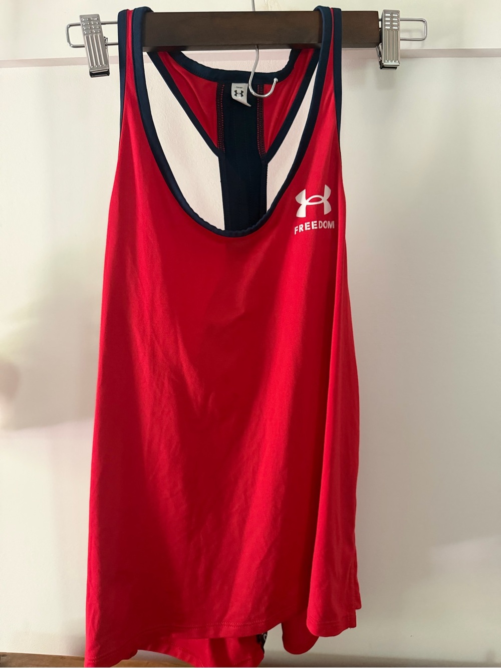 Under Armour Freedom Red Tank with Navy Trim and White Logo. Women’s Small.